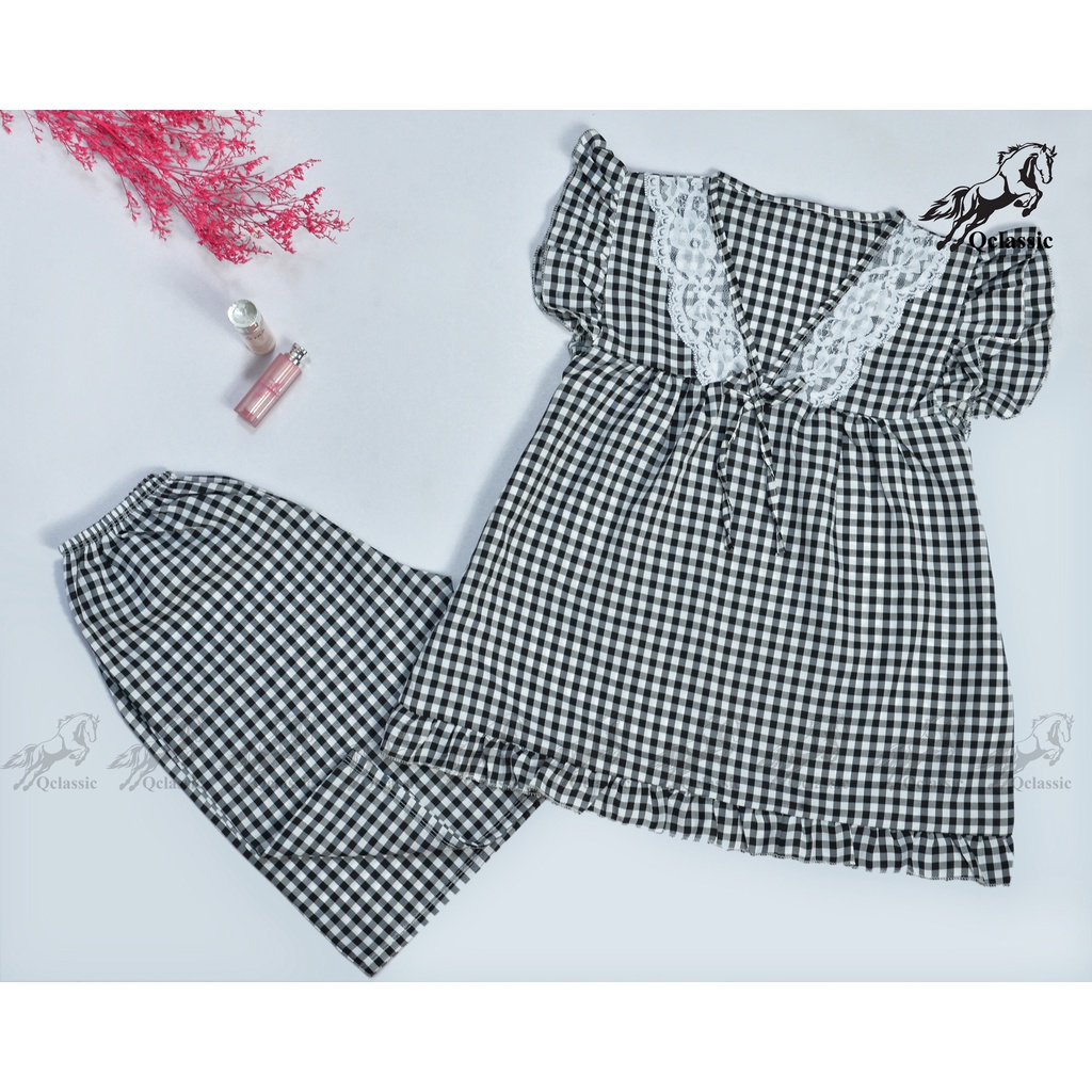 Đồ bộ mặc nhà caro 38 cổ ren thiết kế hiện đại, sang trọng thời thượng đáng yêu free size từ 35kg đến 45kg DB0001_M3