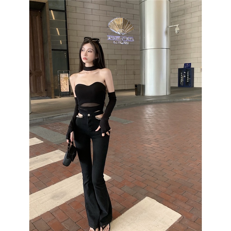 Quần jeans Lưng Cao Ống Loe Phối Dây Xích Phong Cách Hàn Quốc Thời Trang Cho Nữ