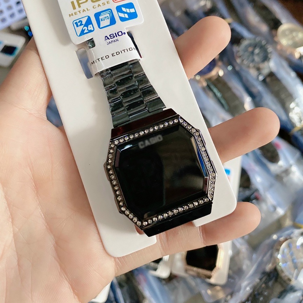 Đồng hồ nam nữ LED cảm ứng viền đá cao cấp dây thép không gỉ sang trọng unisex