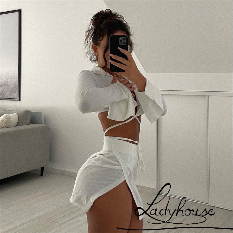 Bộ Áo Cardigan Tay Dài + Chân Váy Xẻ Tà Màu Trơn Thời Trang Gợi Cảm Cho Nữ