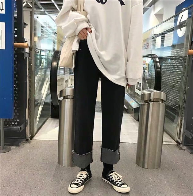 [Mã WASTMAY giảm 15% tối đa 30K đơn 150K] [ ỏrder] Quần Jeans đen ống suông ulzzang có bigsize / Quần Jeans cạp cao QC | BigBuy360 - bigbuy360.vn