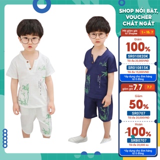 Set đồ bé trai TINY KIDS, bộ cộc tay cho bé in hình lá tre dành cho bé từ 6-28kg