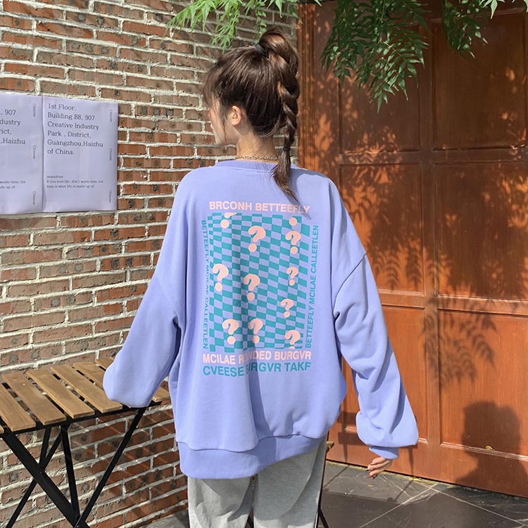 Áo sweater PEWARN cổ tròn tay dài dáng rộng in họa tiết caro màu tím phong cách Hàn Quốc thời trang mùa thu cho nữ