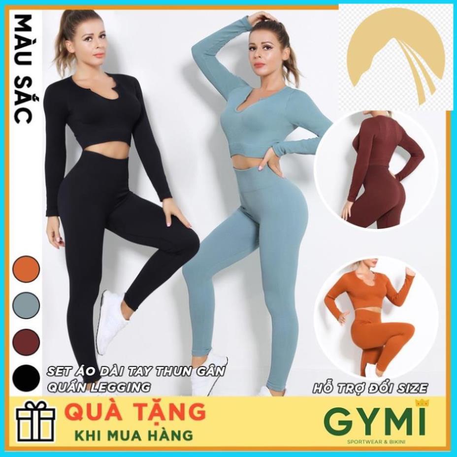 🐨🐖 Set bộ đồ tập gym yoga nữ GYMI SET 23 gồm áo croptop dài tay và quần legging thể thao chất dệt thun gân 🐨🐖 *