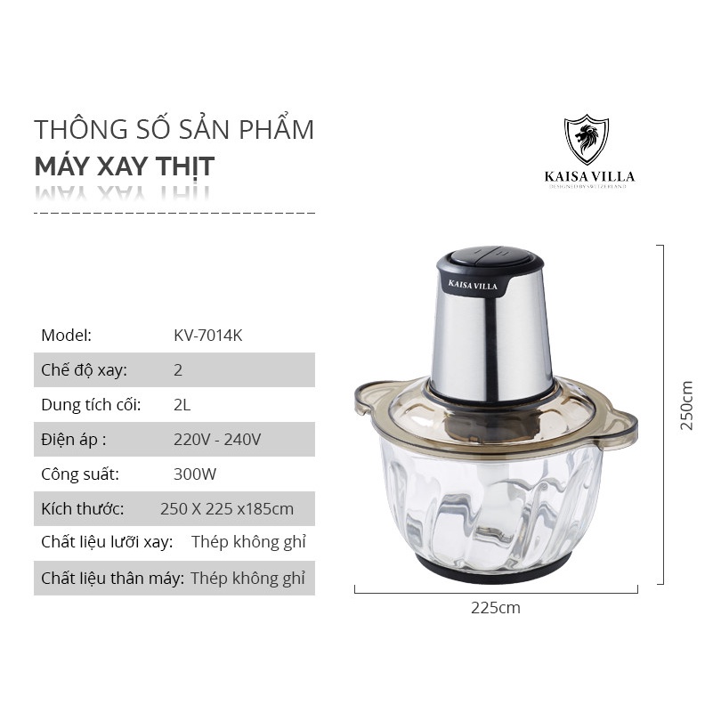 Máy Xay Thịt Đa Năng 2L Cối Thủy Tinh KaisaVilla KV-7014K- Công suất 300W, 4 lưỡi dao inox, xay thịt, rau củ quả đa năng