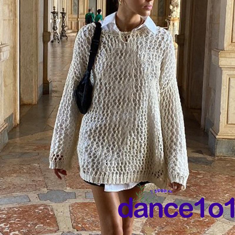 ◐DI❉Women Sexy Hollow-out Loose Round Neck Long Sleeve Knit Smock Blouse