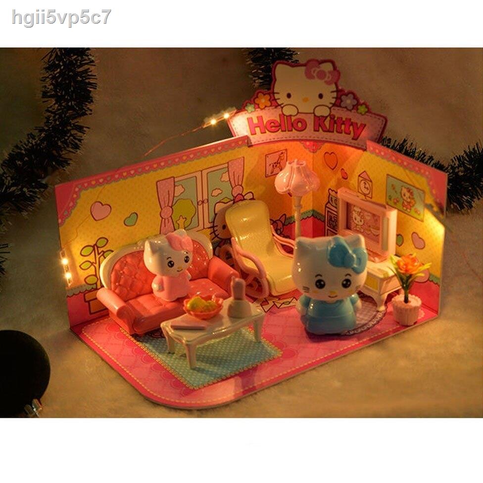 Đồ chơi trẻ em nhà KT mèo phòng ngủ bộ công chúa búp bê cô gái bếp Hello Kitty mô phỏng cảnh chiếu sáng