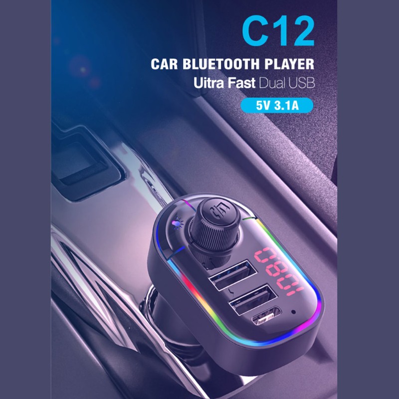 run Handsfree Car Kit Bluetooth 5.0 MP3 Player FM Transmitter Car Autos Dual USB Charger Wireless FM Transmitter MP3 Player with Colorful Lights