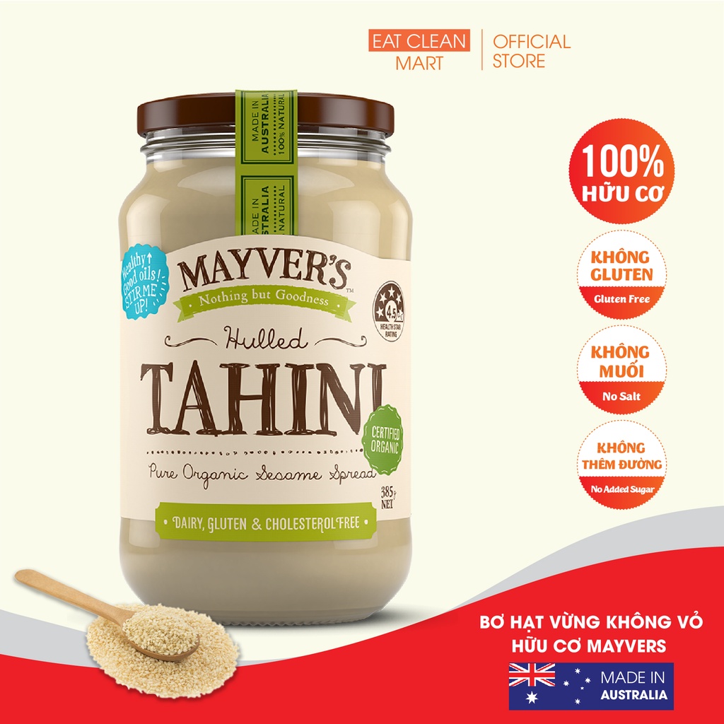 Bơ Hạt Vừng Không Vỏ hữu Cơ Mayvers - Mayver's ORGANIC Tahini Hulled - Hủ 385g