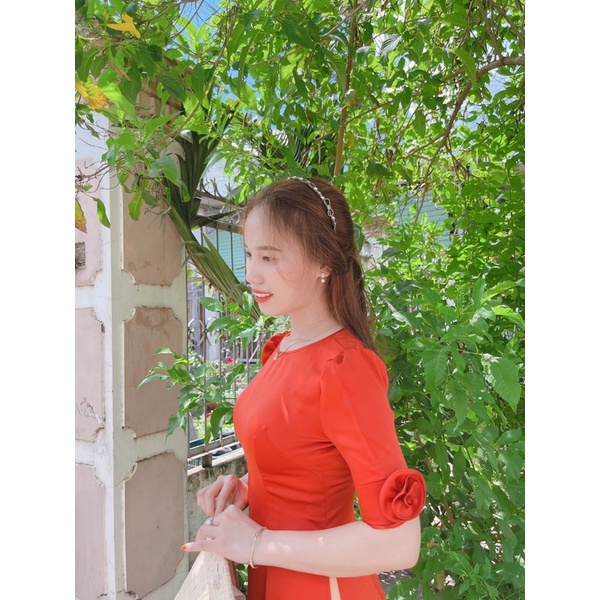Áo dài lụa tay phồng hoa hồng-ÁNH NGỌC