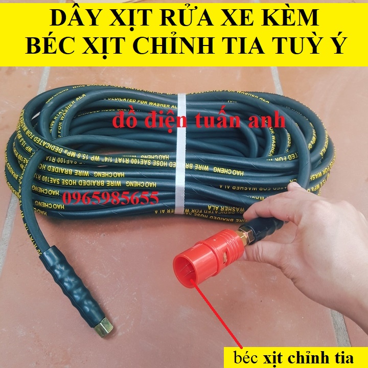 Dây Xịt Rửa Xe Áp Lực Cao Lõi Thép 10M-15M-20M ren 13,14mm kèm béc xịt chỉnh tia dùng cho đầu máy rửa xe culoa kéo