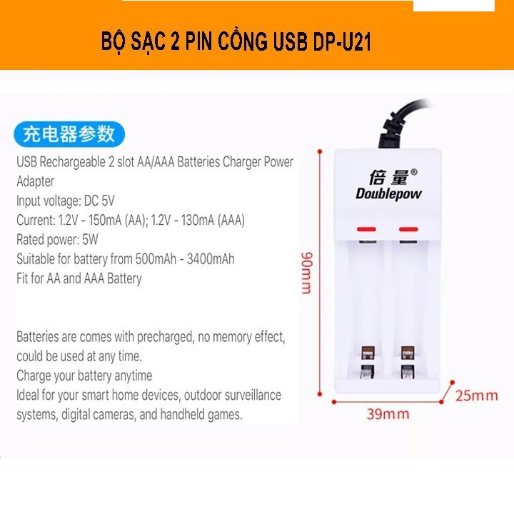 Bộ sạc pin đa năng doublepow DP-U21 - Sạc 2 pin từ cổng USB tiện lợi ..,