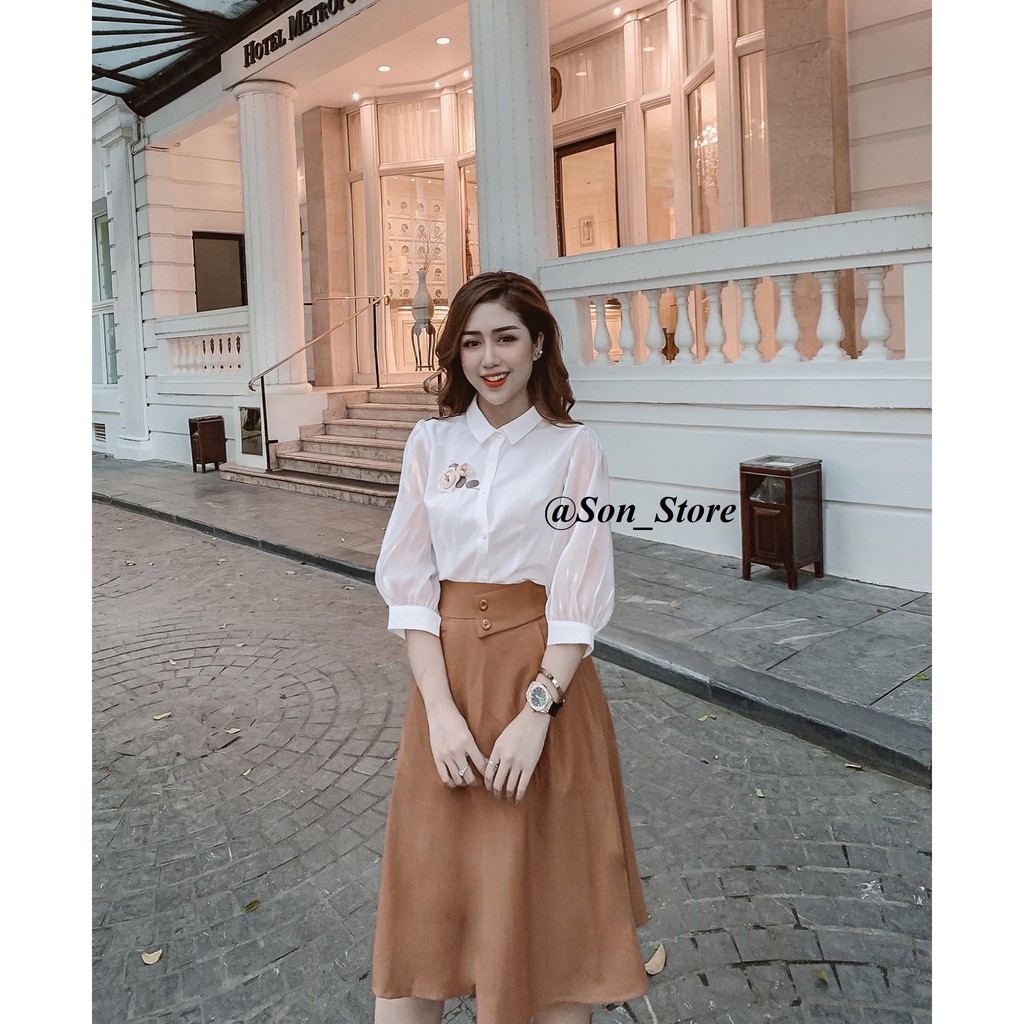 Chân váy công sở xòe dáng dài vintage