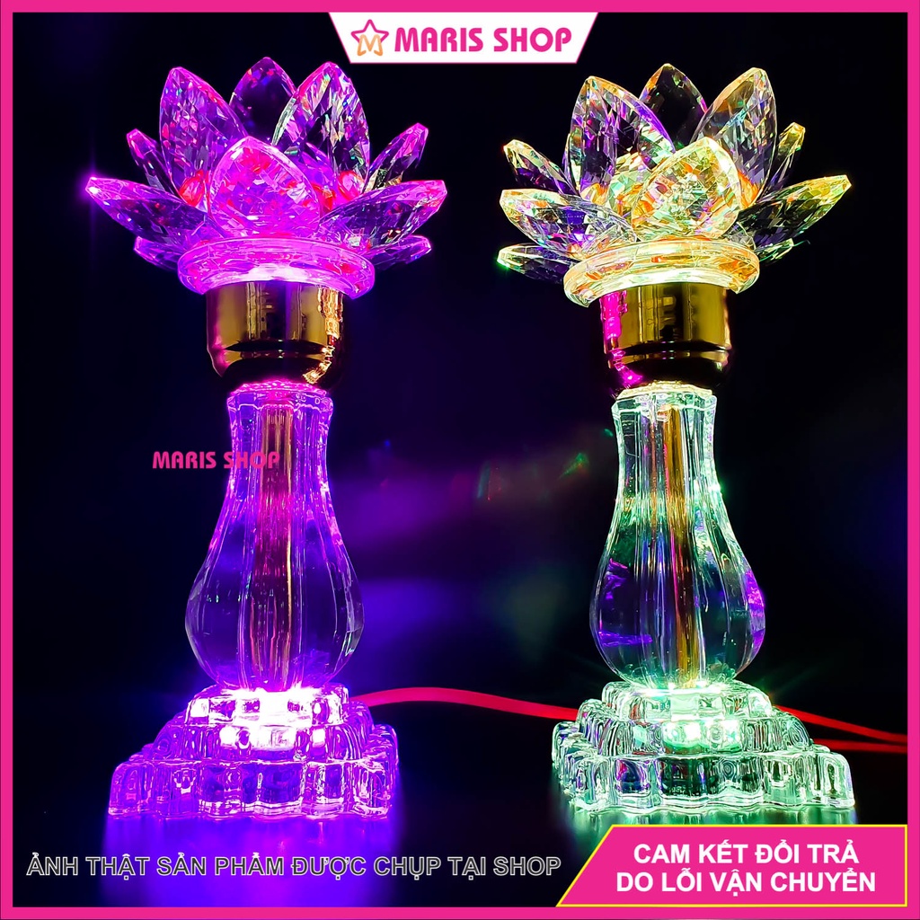 Bộ 2 Cây Đèn Hoa Sen Pha Lê Nguyên Khối Cao 23cm Để Bàn Thờ Phật 2 Tầng LED Đổi Màu Cao Cấp