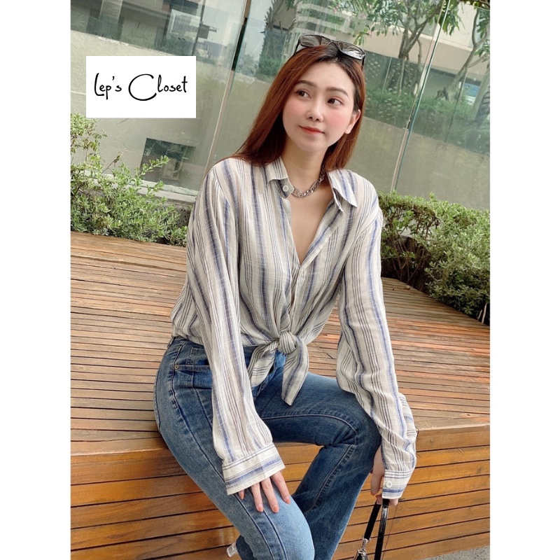 Áo sơ mi nữ Cotton sọc tay dài , áo sơ mi giấu quần khoát ngoài cá tính