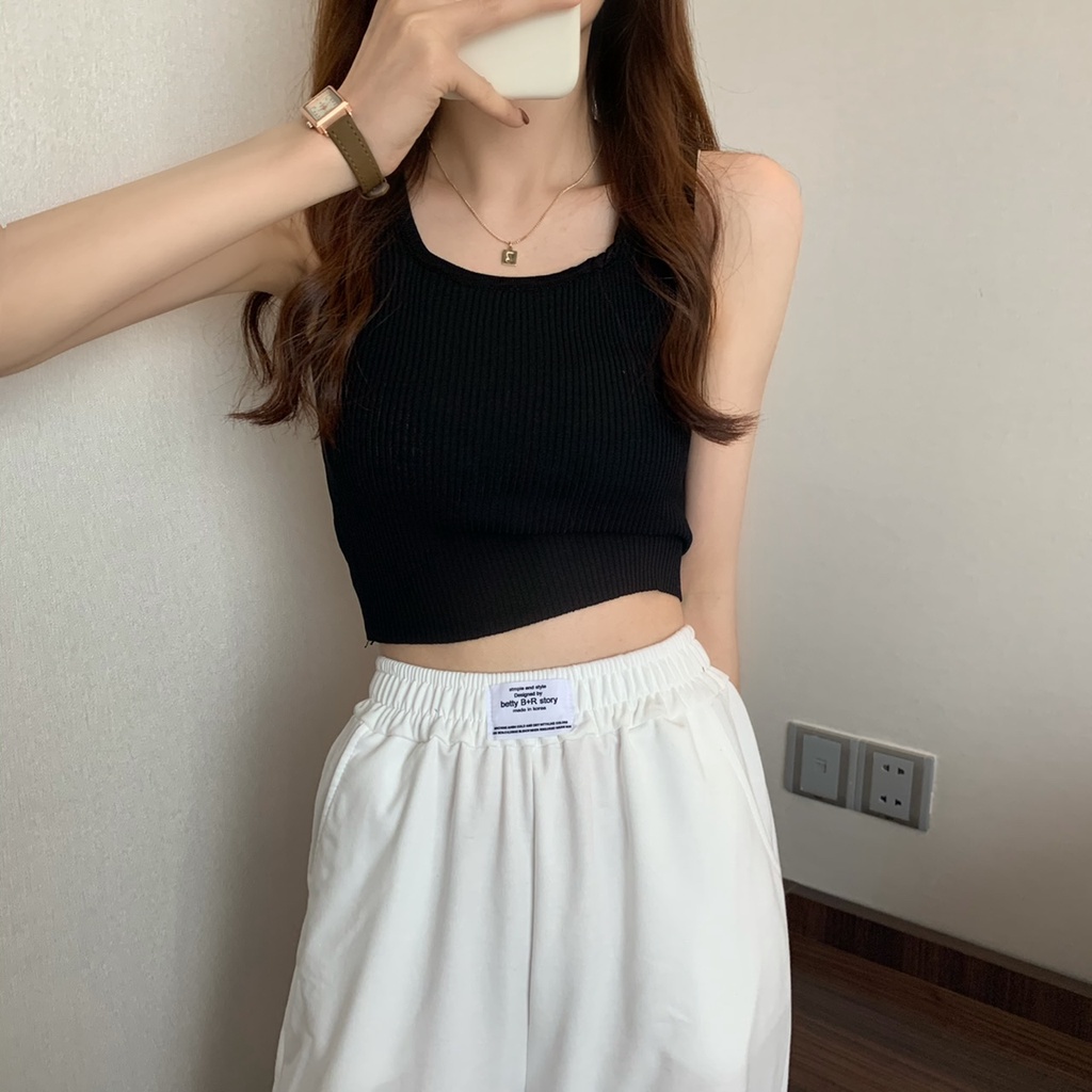 Áo croptop nữ ôm body len tăm 2 dây Cổ vuông Áo thun gân croptop nữ hai dây dệt kim sexy sát nách bản to