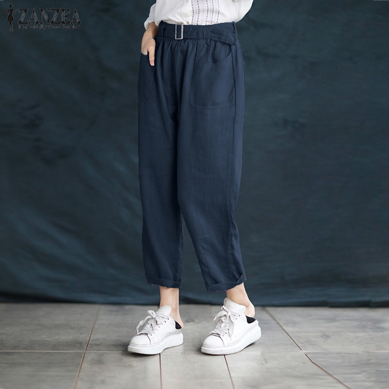 ZANZEA Quần cotton lanh ống rộng lưng cao màu trơn cho nữ | BigBuy360 - bigbuy360.vn