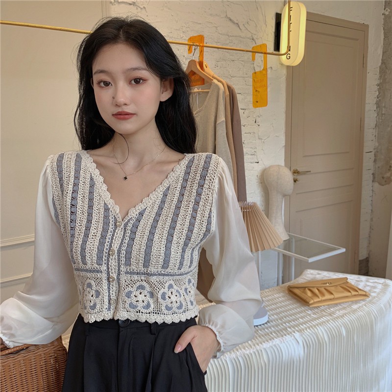 Áo kiểu chiffon tay dài cổ V thời trang xinh xắn cho nữ