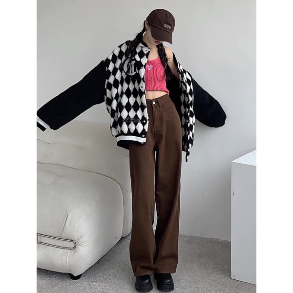 8604 | Quần Dài Kaki Nâu Unisex Dáng Rộng Cạp Cao Phom Tôn Đang Nam Nữ Phong Cách Hàn Quốc