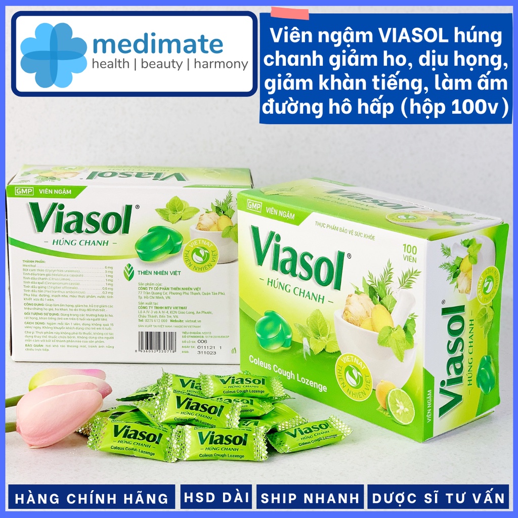 Viên ngậm VIASOL Húng Chanh giảm ho, giảm đau họng, dịu họng, làm ấm đường hô hấp (hộp 100 viên)