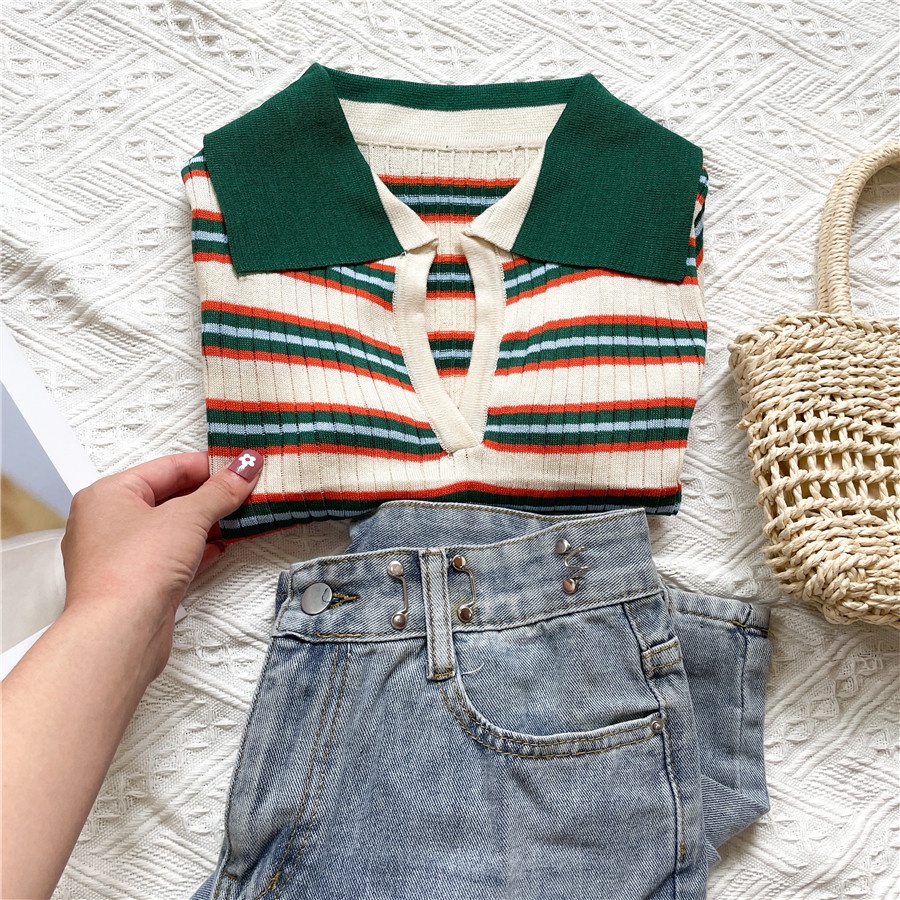 SUXI Áo Polo Dệt Kim Ngắn Tay Dáng Ôm Kẻ Sọc Kiểu Vintage Thời Trang Mùa Hè Năng Động