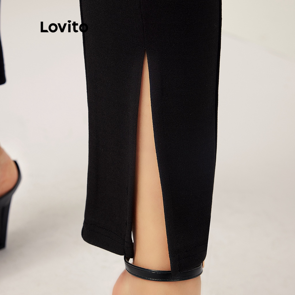 Lovito Quần lưng thun cao xẻ tà thanh lịch L21LT157 (Đen)