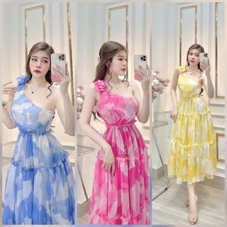 Váy Maxi Lệch Vai, Đầm Maxi Cổ Yếm  Chất Voan Mềm Mướt, Mầu Hồng, Xanh, Vàng, Cho Dáng Dài Miên Man.