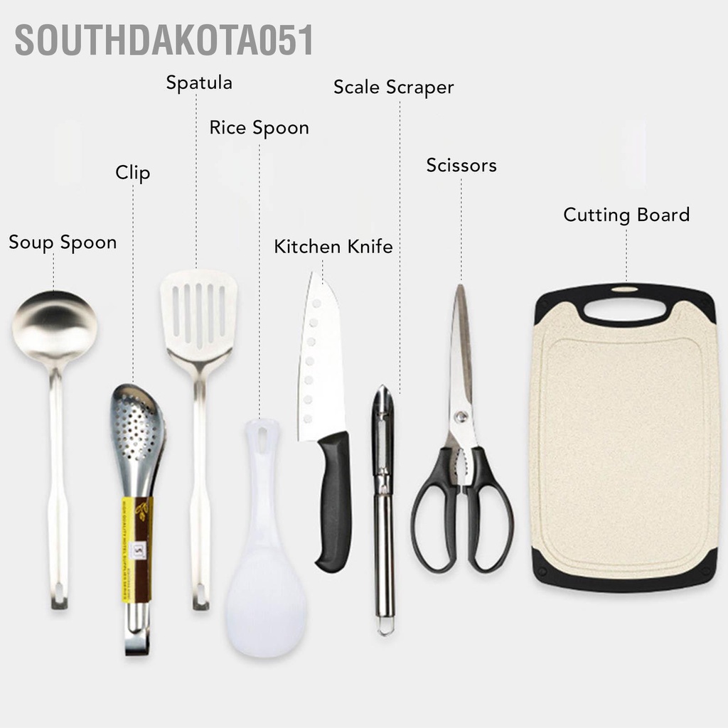 Southdakota051 8 chiếc Cắm trại Bộ nấu ăn Di động bằng thép không gỉ ngoài trời Dụng cụ làm bếp dao kéo BBQ