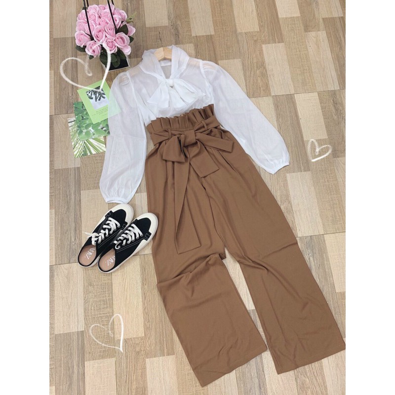 SET ÁO SƠ MI NƠ VOAN TRẮNG QUẦN CULOTTES NÂU TÂY