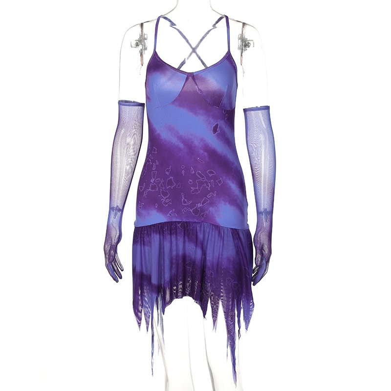 GIVEME-Women´s Sleeveless Dress Halterneck Summer Pleated Mini Dress with Mesh Long Sleeves