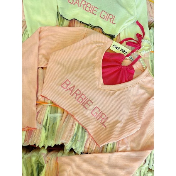 Set 2 Món Barbie Girl Cổ Yếm Cột Dây Và Áo Lửng Tay Dài Cổ V Form Rộng - Tiểu Thư Bánh Bèo Cute Sexy alohashop91