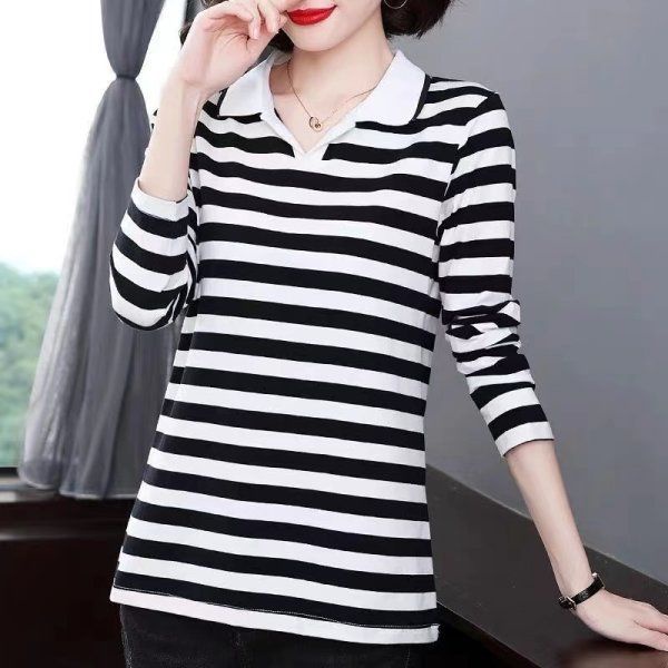 Áo Thun Nữ Dài Tay Cổ Bẻ Form Rộng Họa Tiết Kẻ Sọc Thời Trang Mùa Thu Mới