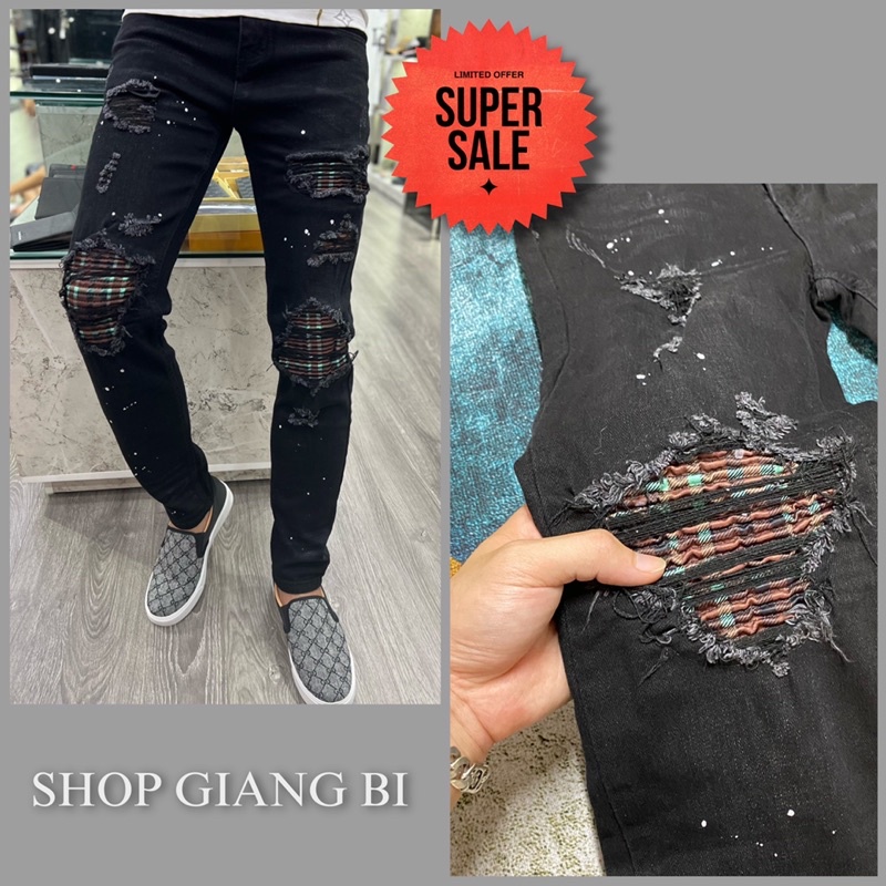 Quần jean vá nhăn kẻ màu xanh nâu,quần bò rách gối vá nhăn amirii