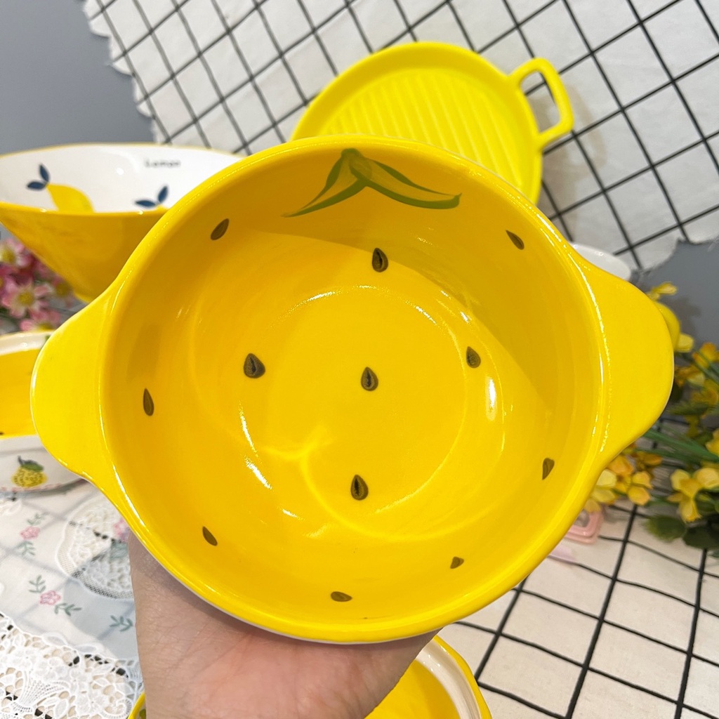 Bộ bát đĩa gốm sứ decor siêu đẹp set 7 món màu vàng trang trí đồ ăn