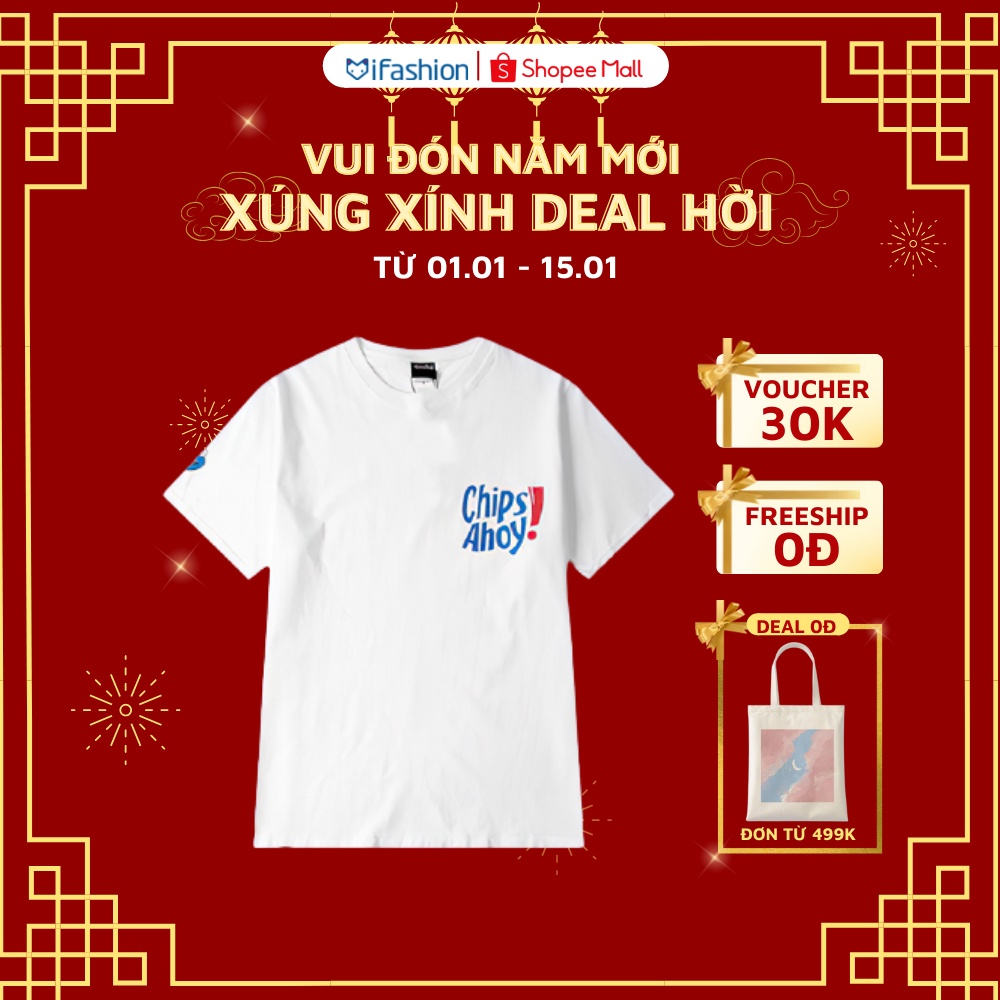 Áo thun tay lỡ iFashion 100% cotton dáng unisex form rộng in chữ chips ahoy H003