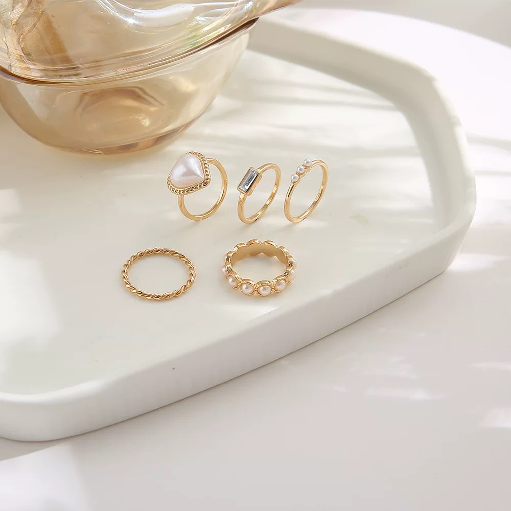 Set 5 Nhẫn Đeo Tay Kim Loại Đính Đá Thời Trang Cho Nữ