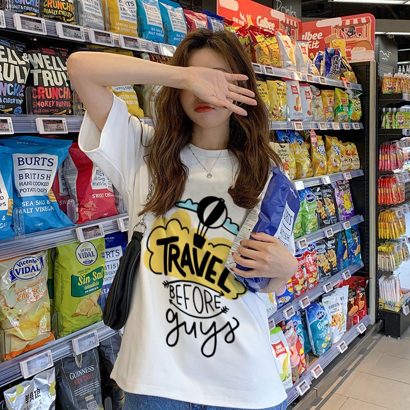 Áo thun nữ tay lỡ freesize phông form rộng Unisex In Slogan Du Lịch