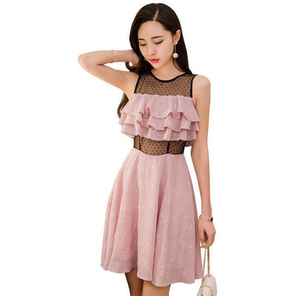 TH20057 Đầm voan phối ren xòe hồng dạo phố