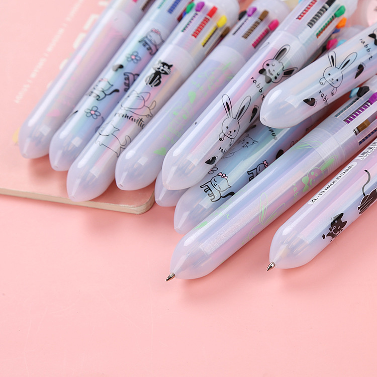 Bút bi bấm 10 màu nét đẹp, bút viết 10 ngòi thân trong suốt chất lượng