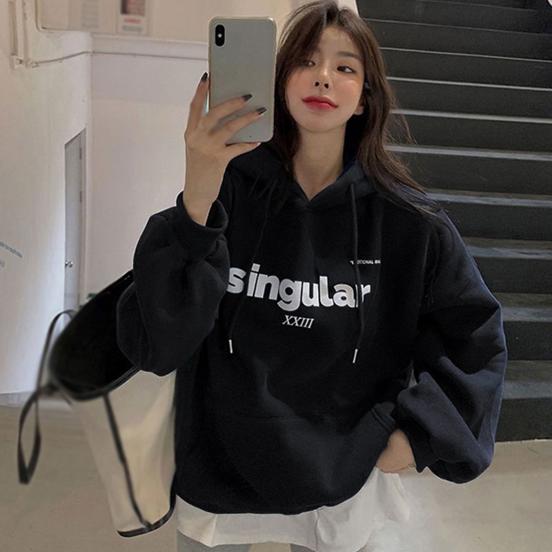 Áo hoodie tay dài dáng rộng có dây rút thời trang thu đông cho nữ