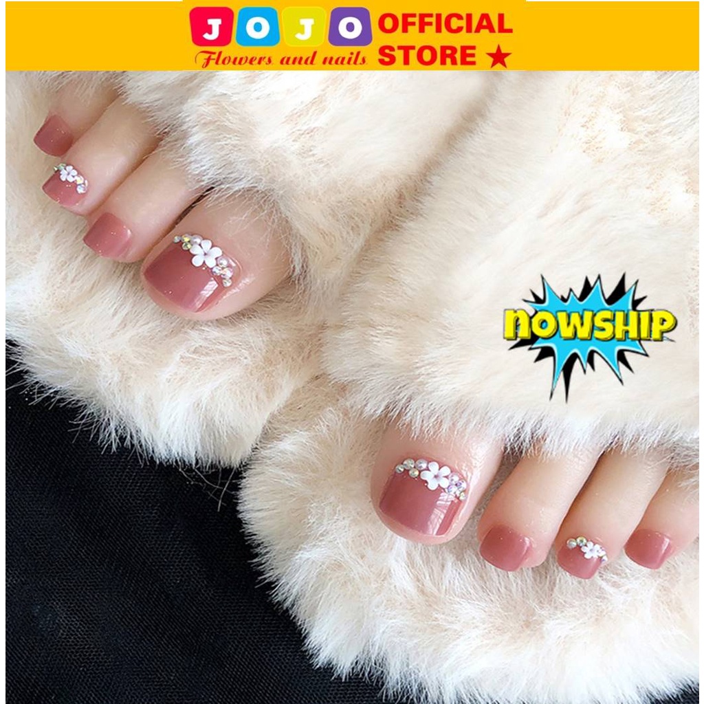 Bộ 24 móng chân giả Jojo móng giả đính hoa đá J75 nail box rẻ đẹp sang chảnh kute kèm keo gắn tự làm tại nhà