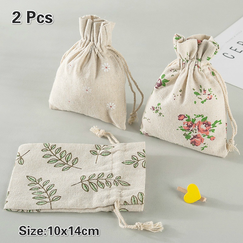 Set 2 Túi Dây Rút In Hoa Lá Bằng Cotton 10x14cm Đựng Trang Sức Tiện Dụng