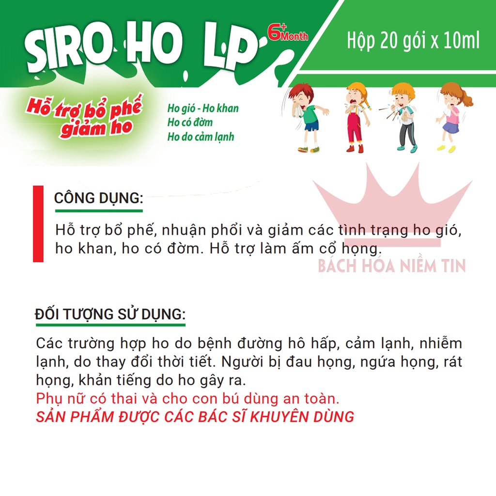 SIRO HO LP cho trẻ nhỏ từ 6 tháng tuổi - Giảm ho, giảm đờm, giảm ngứa họng, ho khản tiếng kéo dài hiệu quả - Hộp 20 gói