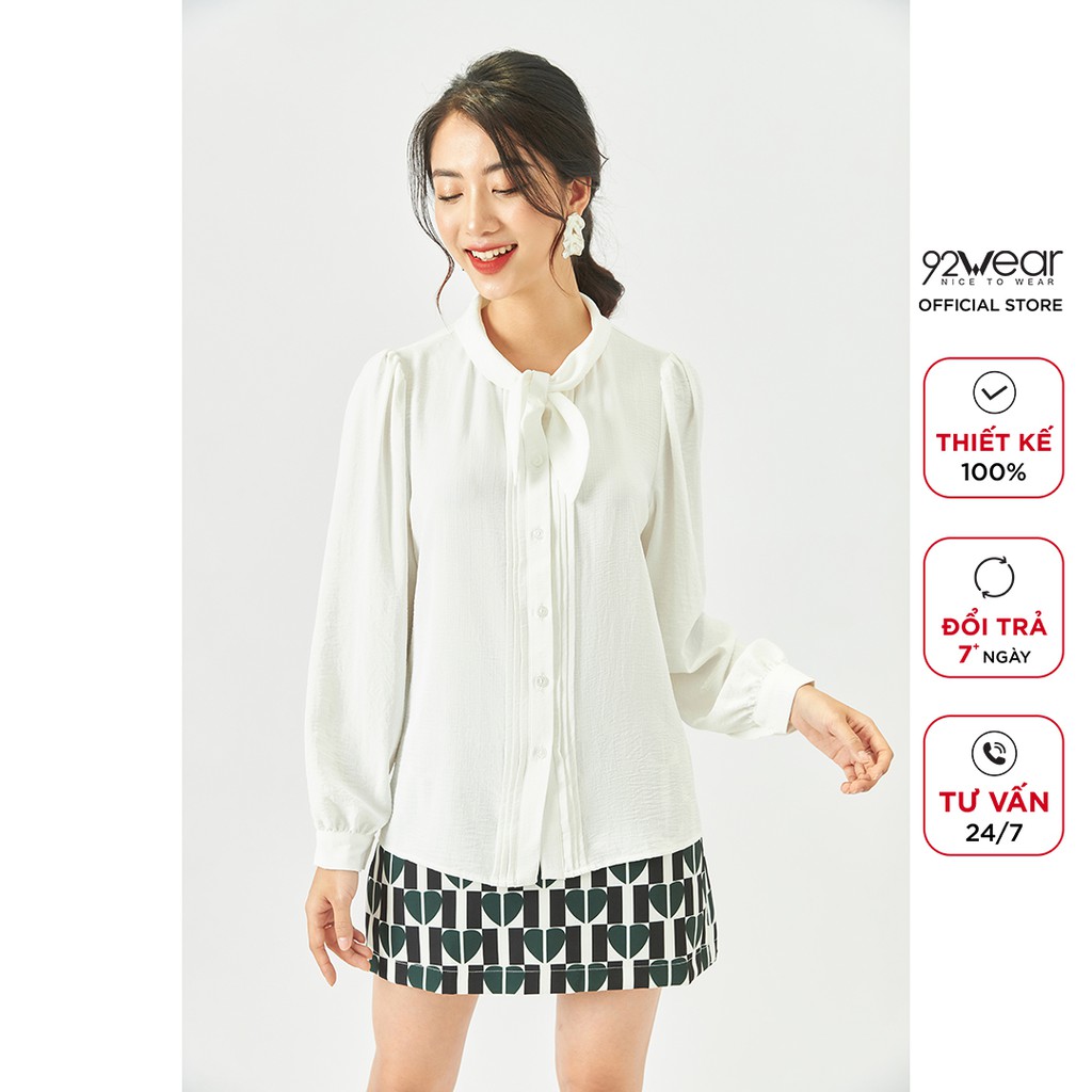 Áo sơ mi nữ dài tay nơ cổ 92WEAR thiết kế công sở thanh lịch ASA1690