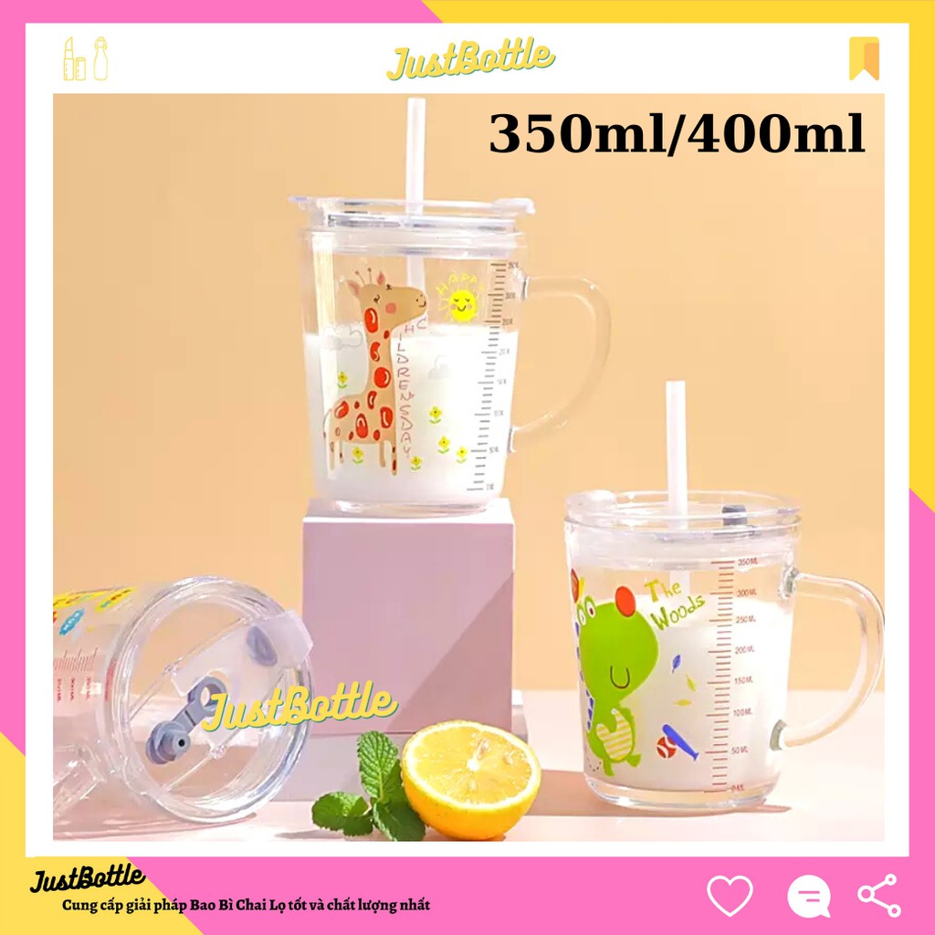 LY THỦY TINH CHIA VẠCH DỄ THƯƠNG CÓ QUAI NẮP 2 LỚP ĐẸP CHỊU NHIỆT CHO BÉ  CỐC THỦY TINH CUTE CHỐNG ĐỔ
