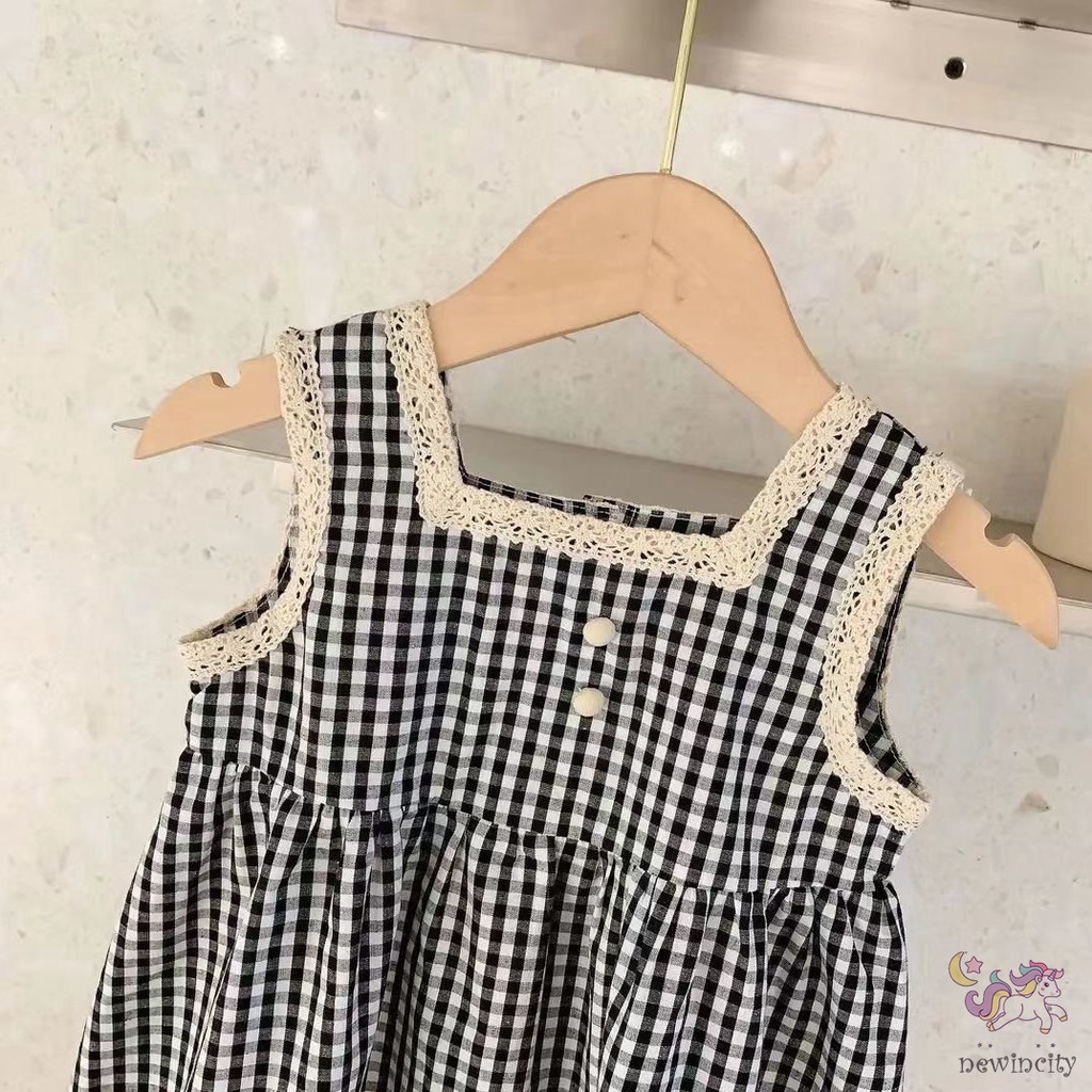 Đầm Công Chúa Không Tay Họa Tiết Caro Trắng Đen Phối Ren Phong Cách Hàn Quốc Cho Bé Gái