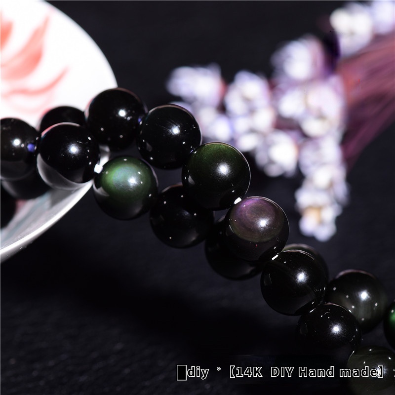 Chuỗi Hạt Đá Obsidian Tự Nhiên Màu Đen Cầu Vồng Dùng Làm Trang Sức DIY