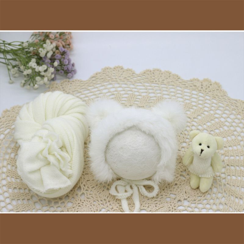 Bộ 3 Chăn Lông Thỏ + Mũ Gấu Teddy Dễ Thương Dùng Làm Phụ Kiện Chụp Ảnh Cho Bé Sơ Sinh