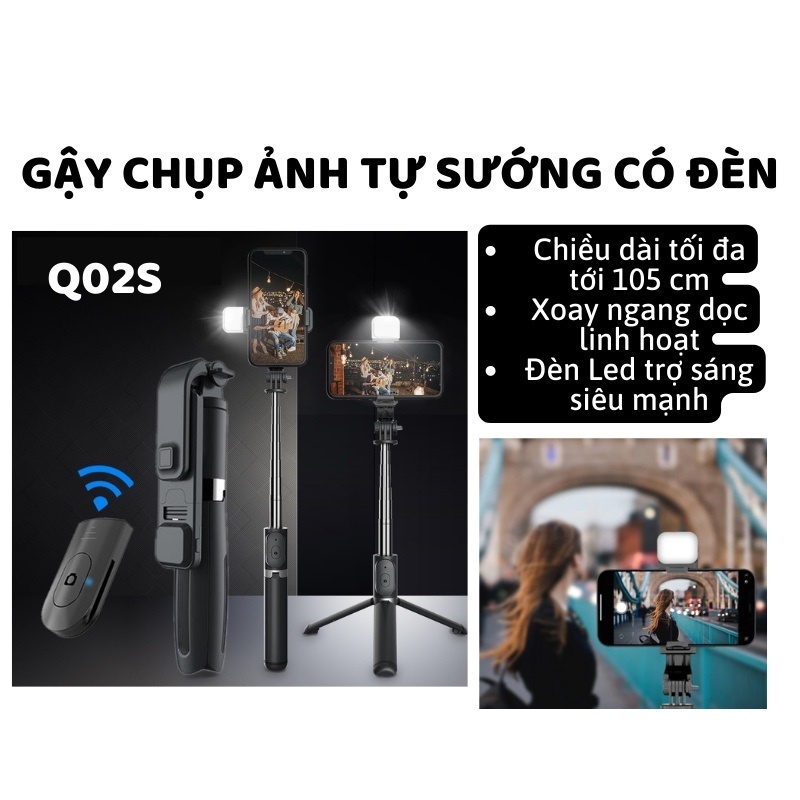 Gậy chụp ảnh Bluetooth Selfie có đèn LED Q02S kèm chân đế Tripod đa năng