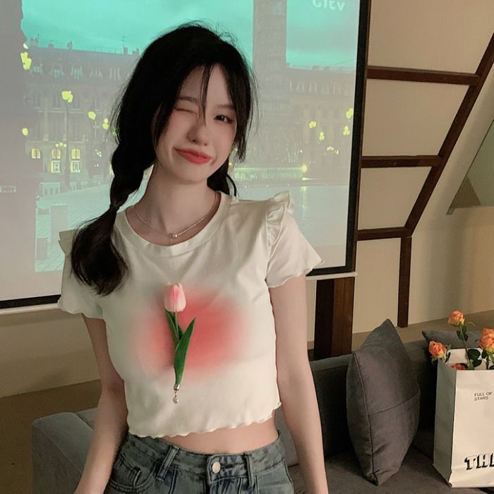 Áo thun IELGY tay ngắn dáng rộng in hình hoa tulip phong cách hàn quốc thời trang mùa hè cho nữ